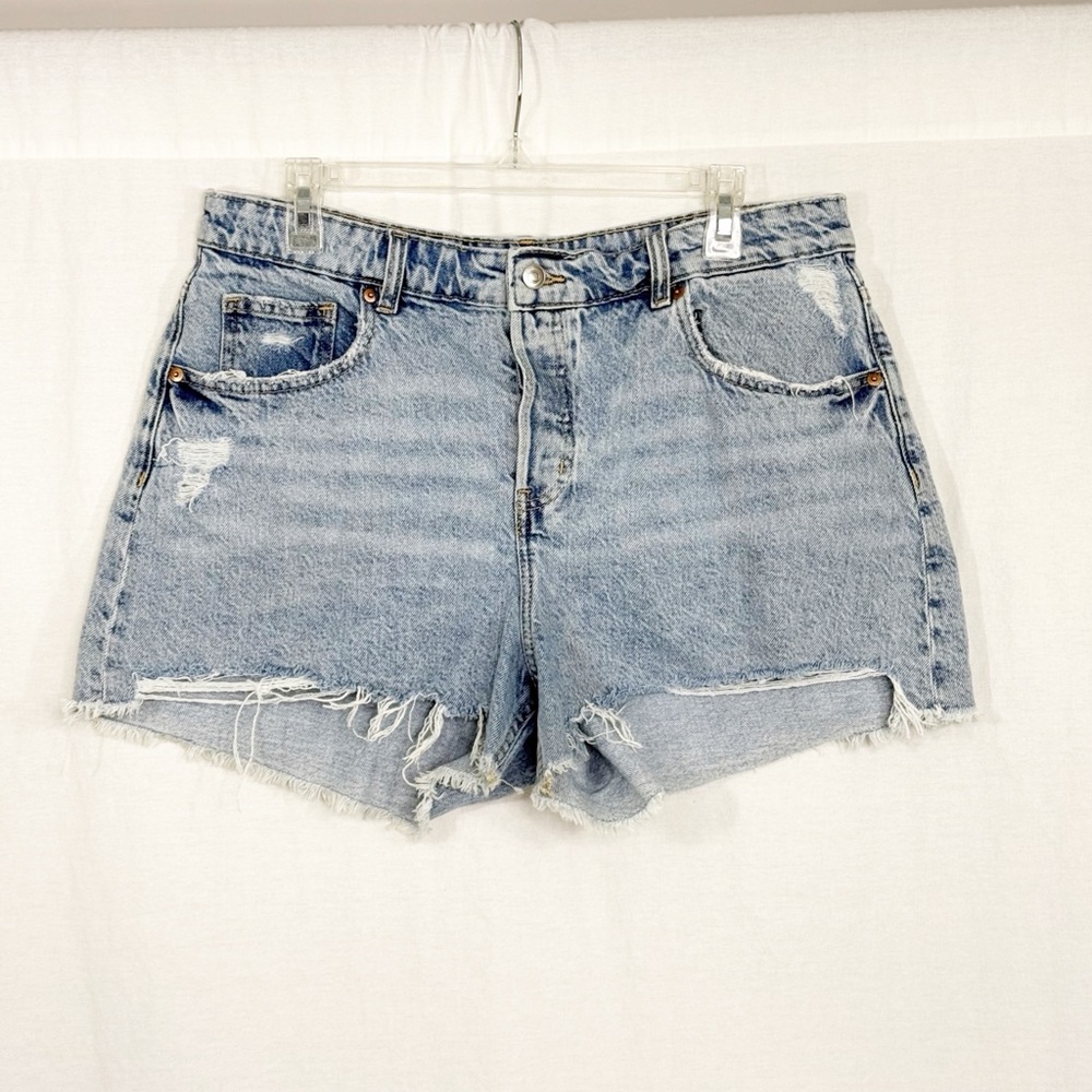 H&M Distressed High Waist Button Fly Jean Cut Off Shorts, Size 14, Blue